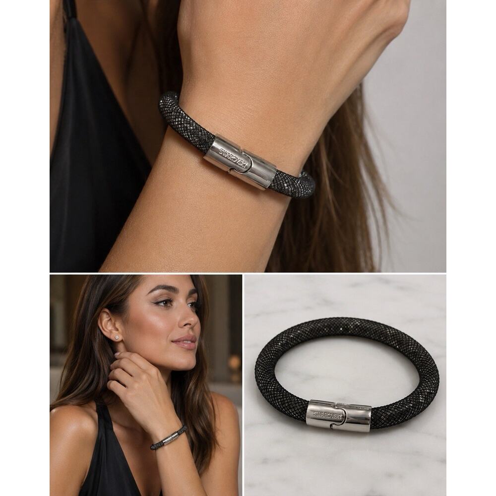 Swarovski Crystal Stardust Black Mesh Bracelet with Magnetic Clasp- Signed